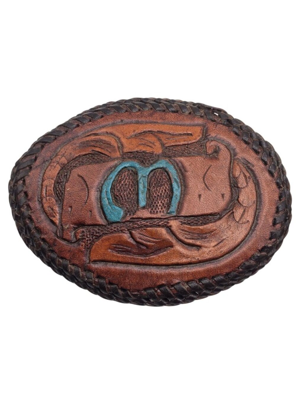 Initial M Belt Buckle Vintage Brown Leather Turquoise Teal Distressed Western